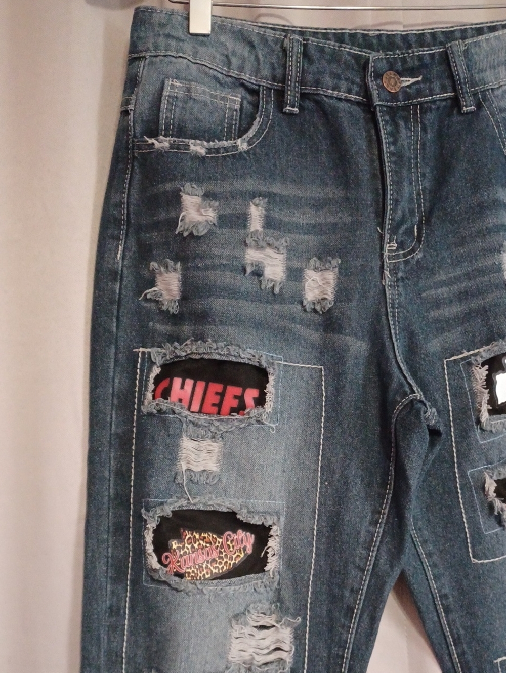 Kansas City Chiefs Custom Distressed Patchwork Jeans NFL Football Fan Game Day - Picture 4 of 15